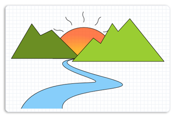 ilustración de un río, montañas y el sol, mediante el uso de geometrías de trazado