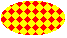 Ilustración de una elipse llena de un patrón de tablero grande y diagonal sobre un color de fondo 