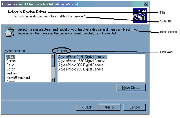 Captura de pantalla de un cuadro de diálogo Seleccionar un controlador de dispositivo