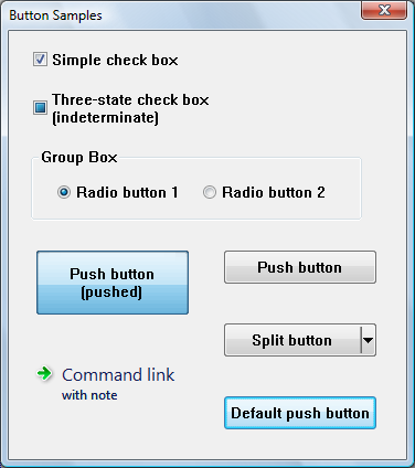 captura de pantalla de un cuadro de diálogo que muestra ejemplos de ocho tipos de botones