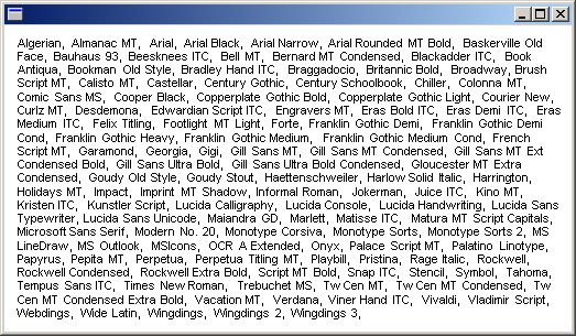 captura de pantalla de una ventana que contiene una lista separada por comas de familias de fuentes instaladas