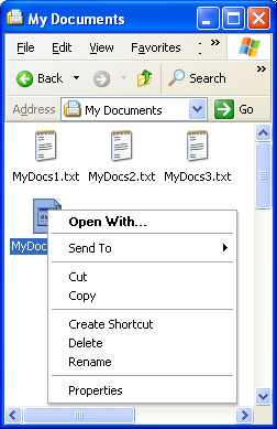 captura de pantalla del menú contextual predeterminado para objetos del sistema de archivos