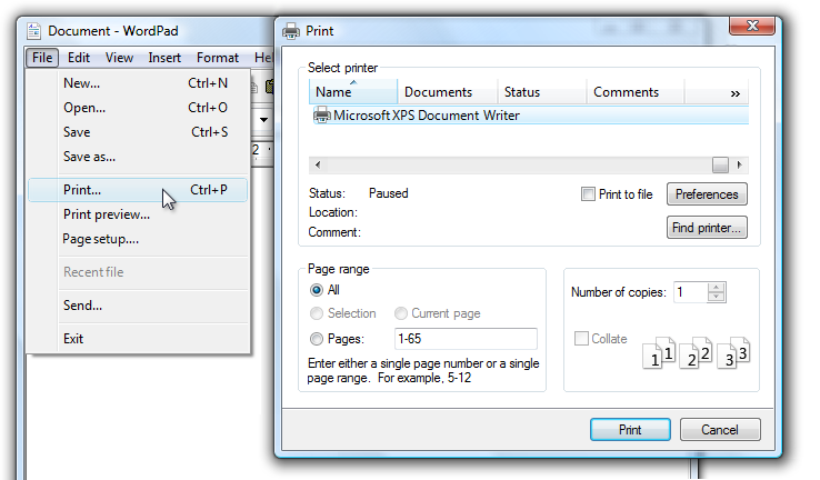 captura de pantalla del comando de impresión y el cuadro de diálogo imprimir 