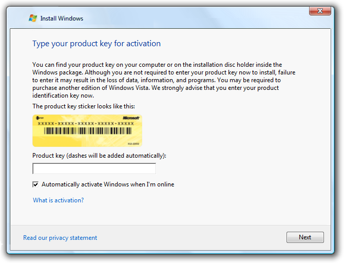 screen shot of 'type your product key' dialog box 