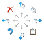 Diagram that shows flick gestures and their default assignments in Windows 7.