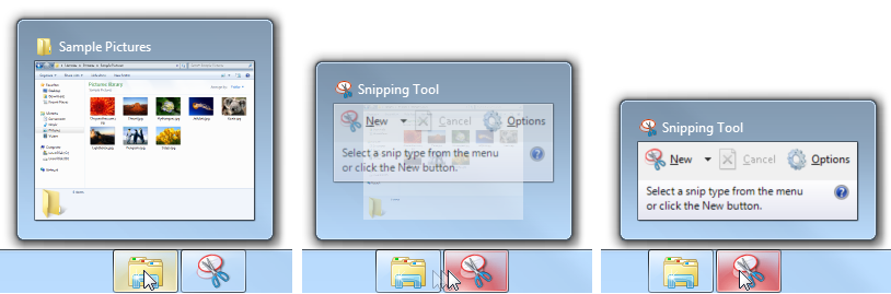 screen shot of three taskbar window previews 