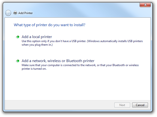 Screenshot that shows the 'Add Printer' wizard with 'What type of printer do you want to install?' prompt.