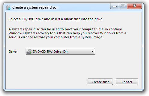 screen shot of create disc dialog box 