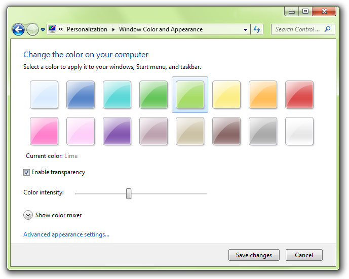 captura de pantalla del cuadro de diálogo Cambiar configuración de color 
