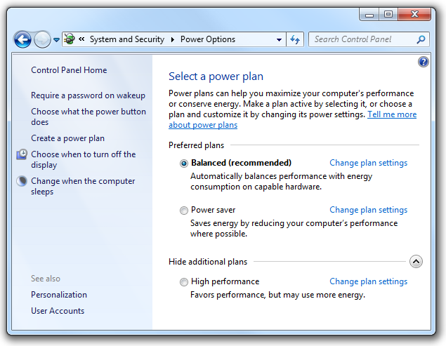 captura de pantalla de la página central de opciones de energía 