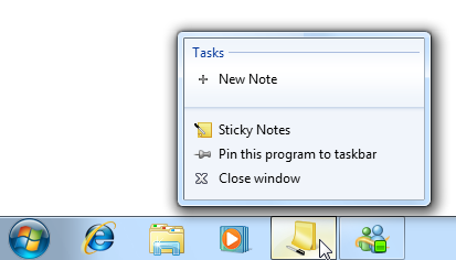 screen shot of taskbar with sticky notes jump list 