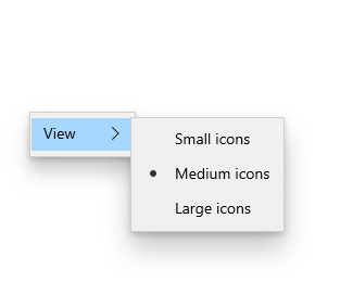 Tres elementos de control flotante del menú de radio en un menú de vista que permiten a un usuario seleccionar el tamaño de los iconos