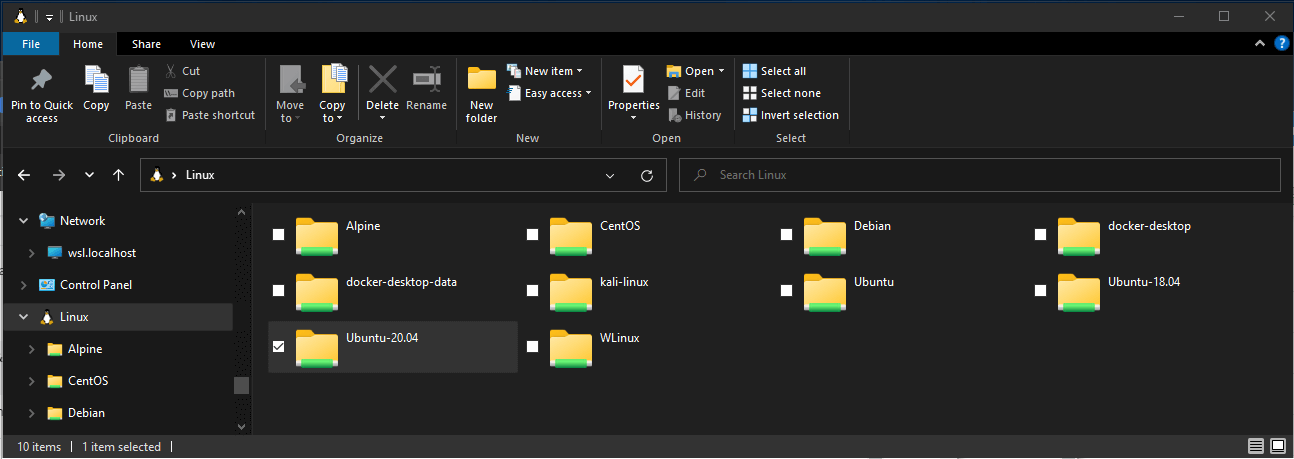 Windows Explorador de archivos que muestra el almacenamiento de Linux