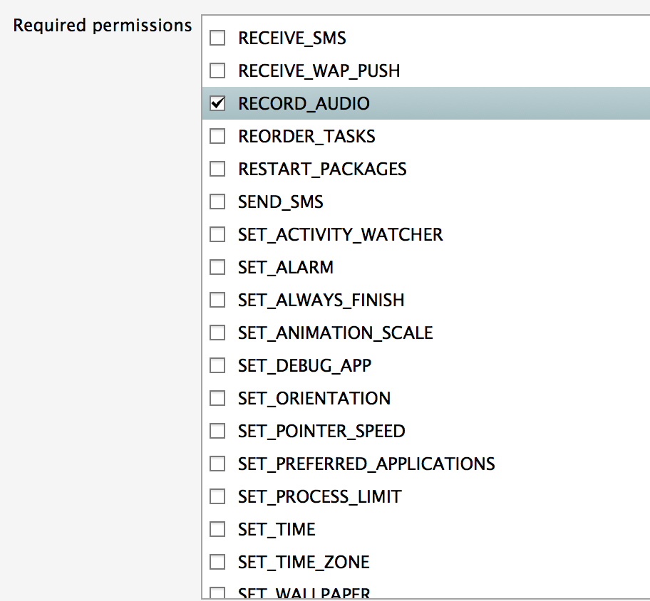 Sección permisos necesarios del manifiesto de Android con RECORD_AUDIO habilitado