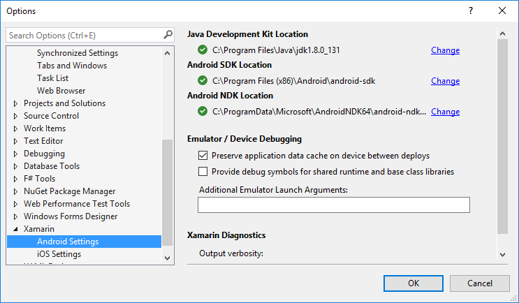 Captura de pantalla del cuadro de diálogo Configuración de Android de Xamarin