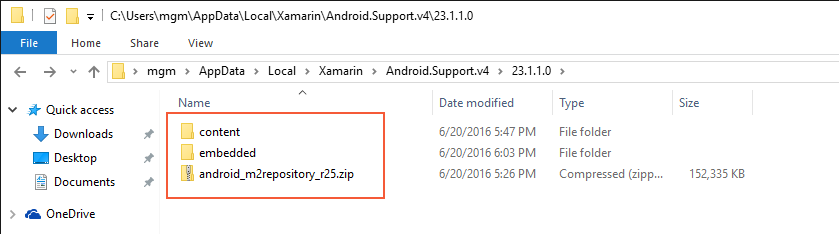 Deleting content, embedded, and android_m2repository folders from the 23.1.1.0 folder