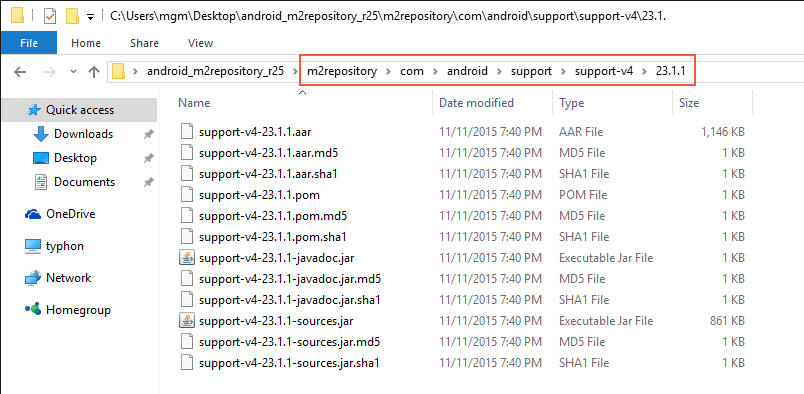 Example listing of files contained in the support-v4/23.1.1 folder
