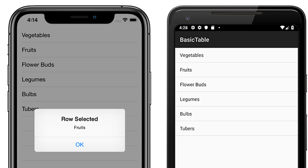 Capturas de pantallas de la aplicación Xamarin de ejemplo en iOS y Android