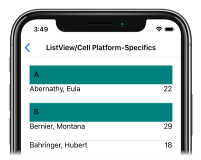 Captura de pantalla de las celdas de encabezado del grupo Teal, en iOS