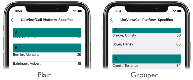 Captura de pantalla de celdas de encabezado ListView flotantes y no flotantes, en iOS