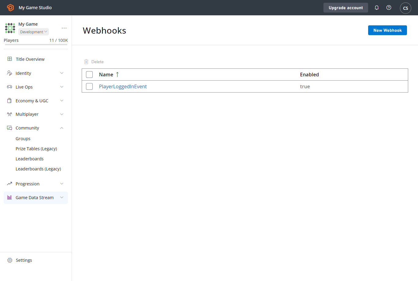 Game Manager - Data - Webhooks panel