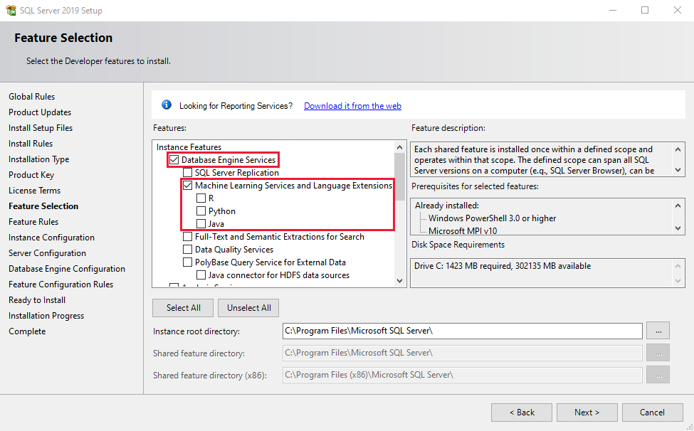Instalación de Extensiones de lenguaje de SQL&nbsp;Server&nbsp;2019.