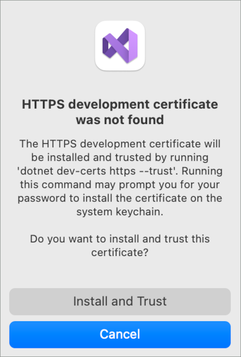 No se encontró el certificado de desarrollo HTTPS. ¿Desea instalar y confiar en el certificado?