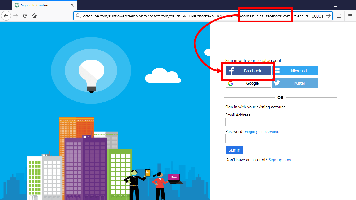 Página de registro e inicio de sesión con el parámetro de consulta domain_hint resaltado en la URL