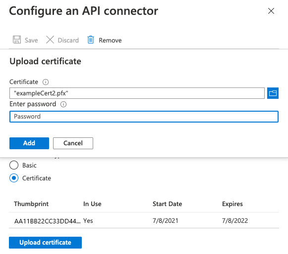 Proporcionar un nuevo certificado a un conector de API cuando ya existe uno.