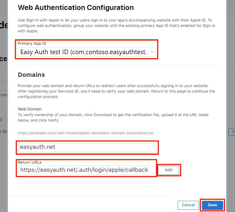 Captura de pantalla que muestra cómo especificar el dominio y la dirección URL de retorno para el registro.