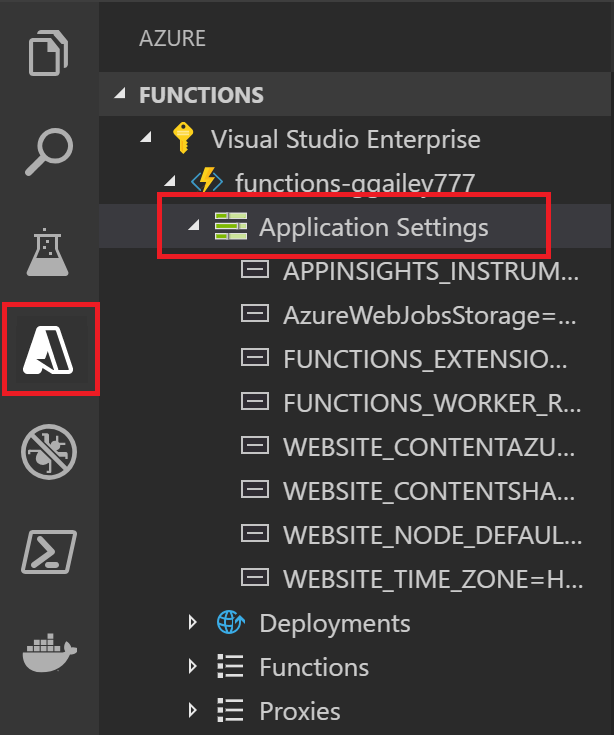  Captura de pantalla para ver la configuración de la aplicación de funciones en Visual Studio Code.