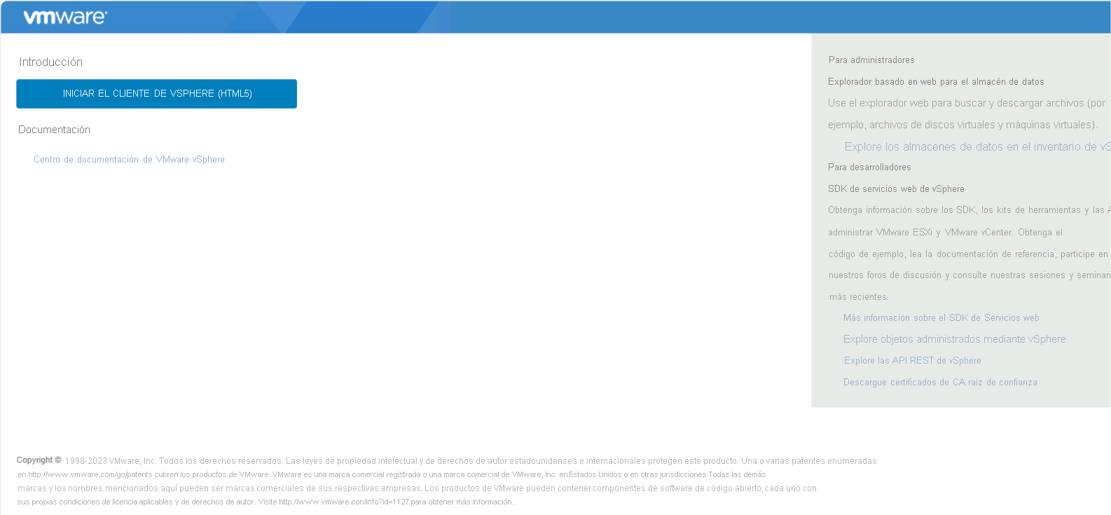 Captura de pantalla que muestra el cliente web de vSphere.
