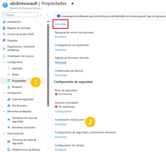 Recorte de pantalla que muestra las propiedades del almacén de Recovery Services.