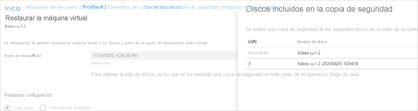 Captura de pantalla que muestra los discos de copia de seguridad durante la restauración.