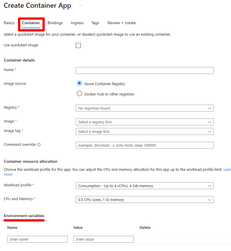 Captura de pantalla de la página de creación de la aplicación de contenedores.