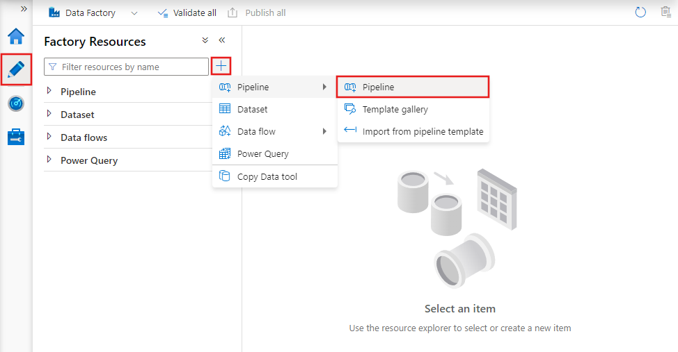 Muestra los pasos para crear un nuevo pipeline usando Azure Data Factory Studio.