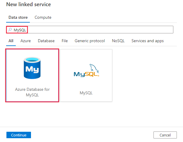 Seleccione el conector de Azure Database para MySQL.
