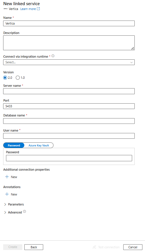 Captura de pantalla de la configuración del servicio vinculado para Vertica.