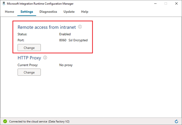 Captura de pantalla en la que se muestra la verificación de la configuración del acceso remoto en el paso&nbsp;1 Configuration Manager de entorno de ejecución de integración autohospedado.
