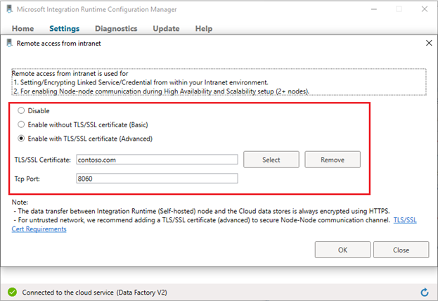 Captura de pantalla en la que se muestra la verificación de la configuración del acceso remoto en el paso&nbsp;2 Configuration Manager de entorno de ejecución de integración autohospedado.