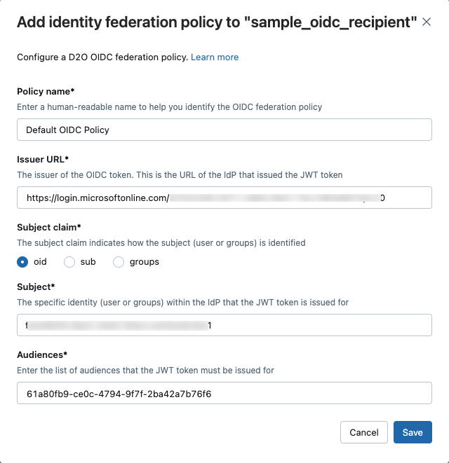 Cuadro de diálogo de configuración de directivas de OIDC