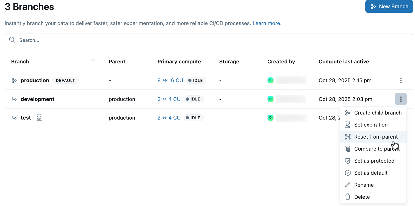 Reinicio de rama desde el padre