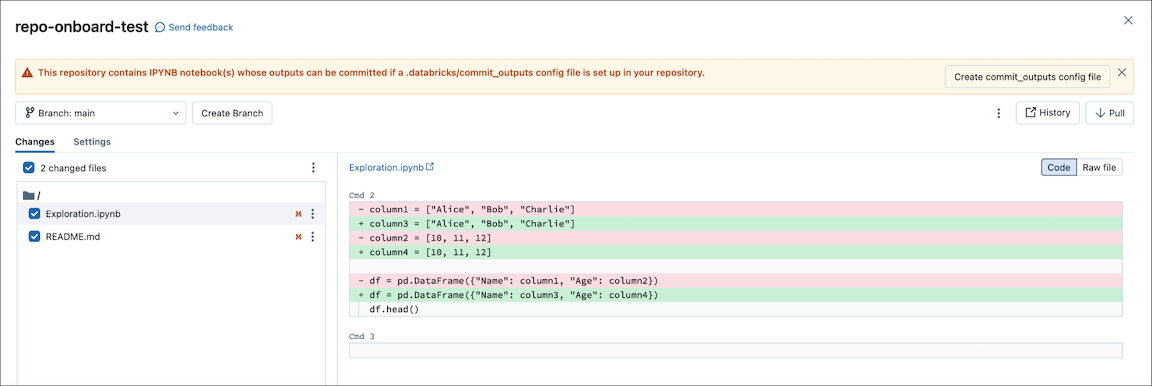 Interfaz de usuario de confirmación del cuaderno: botón Crear archivo commit_outputs.