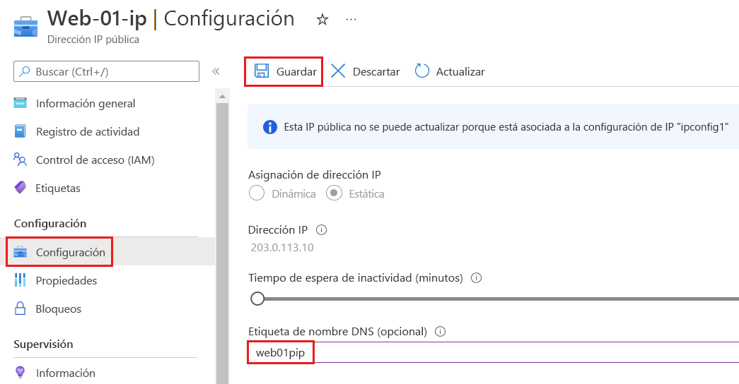 Captura de pantalla de la página Configuración de Azure dirección IP pública que muestra la etiqueta de nombre D N S.