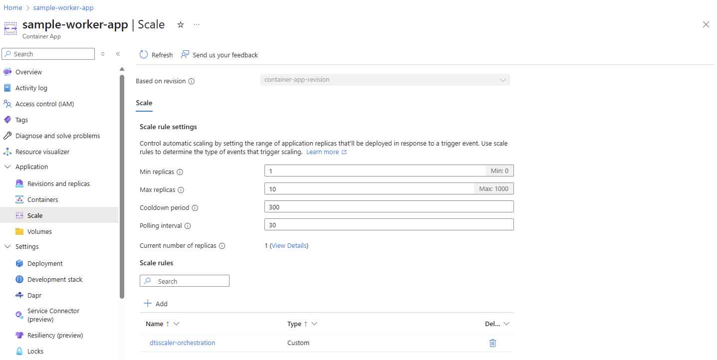 Captura de pantalla de la configuración mínima y máxima de réplica del escalador en Azure Portal.