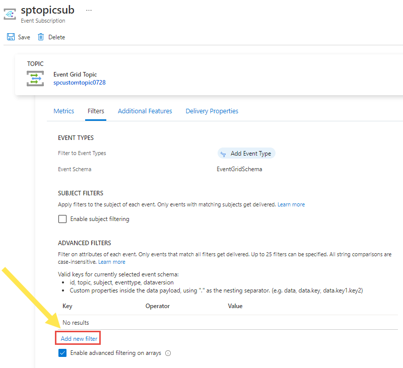 Captura de pantalla que muestra la página Suscripción A eventos con el vínculo Agregar nuevo filtro resaltado.