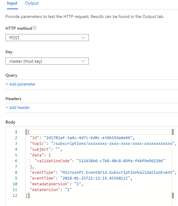 Captura de pantalla del json de solicitud de validación de Event Grid en el campo de prueba de Azure Functions.