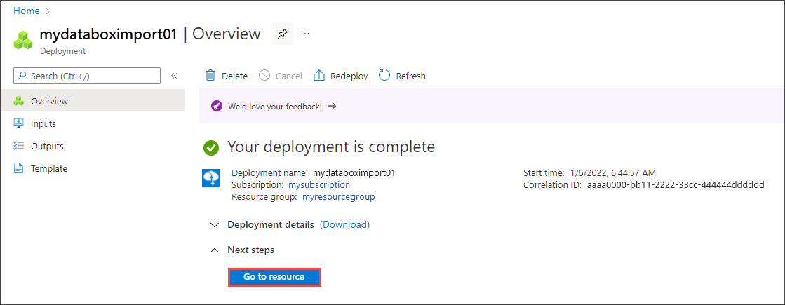 Captura de pantalla de una implementación completa de un pedido de Data Box. El botón Ir al recurso está resaltado.