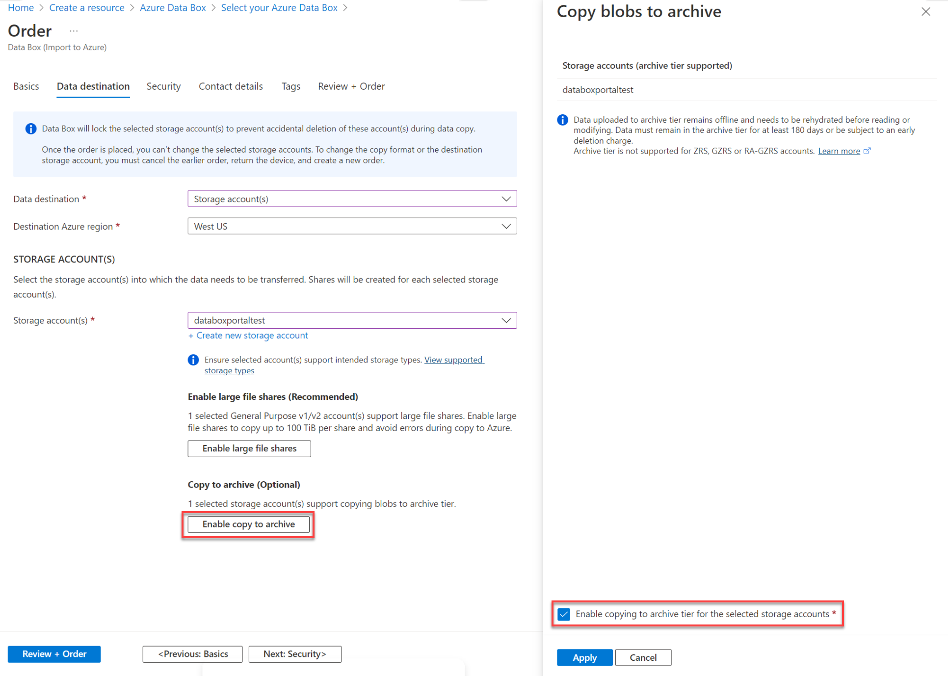 Captura de pantalla de la opción Habilitar copia para archivar.