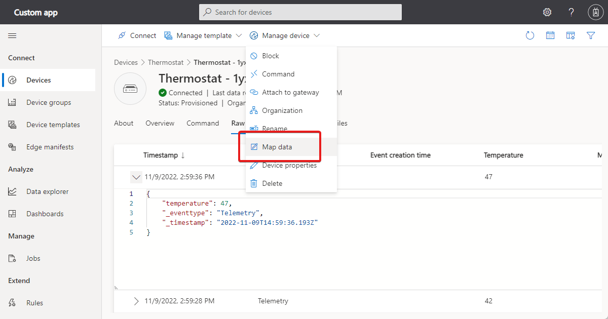 Captura de pantalla que muestra el elemento de menú **Asignar datos**.